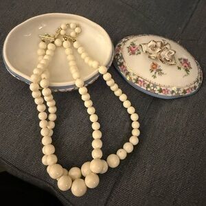 Vintage Porcelain Gold Gilded Oval Covered Trinket Box with Necklace.